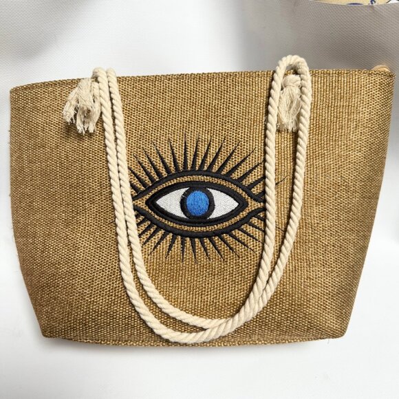 Syrian Woven Tote Bag – Brown Embroidered Evil Eye – Rope Handles – Like New - Picture 3 of 9